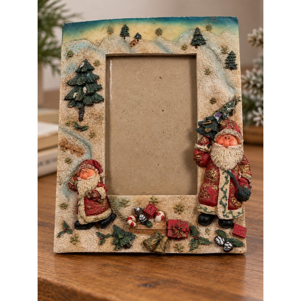 Vintage Santa Claus Resin Christmas Picture Frame Winter Scene 5x3.5
